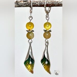 Boho Enamel Leaf Dangle Earrings • Green & Yellow Nature Inspired Jewelry